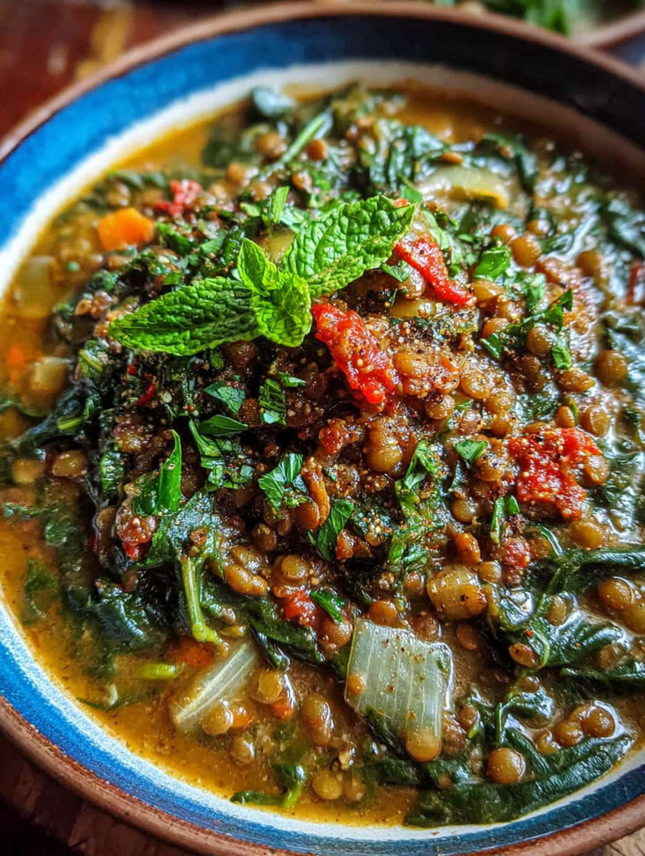 A bowl of soup with a green leaf on top.