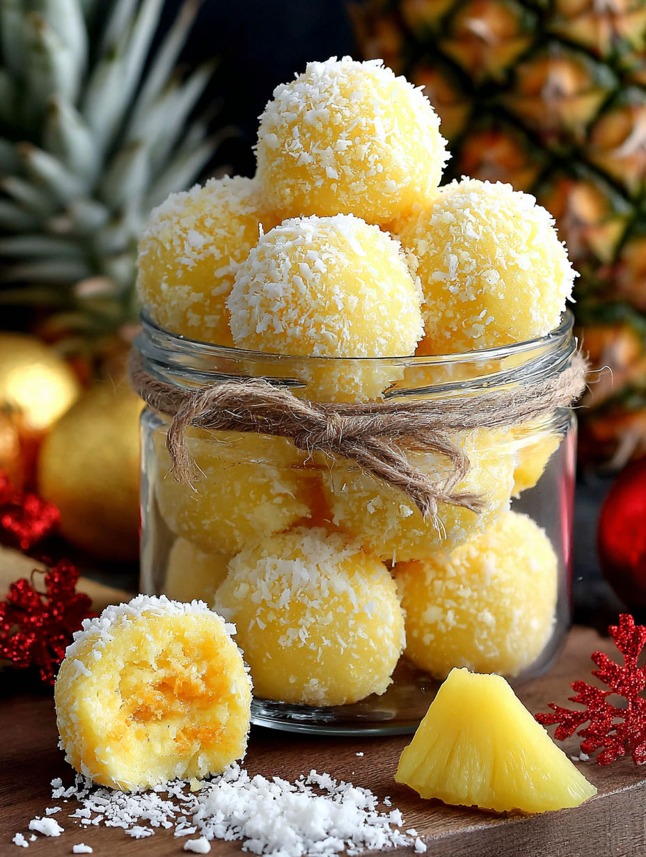 A jar of coconut balls with a bow around it.