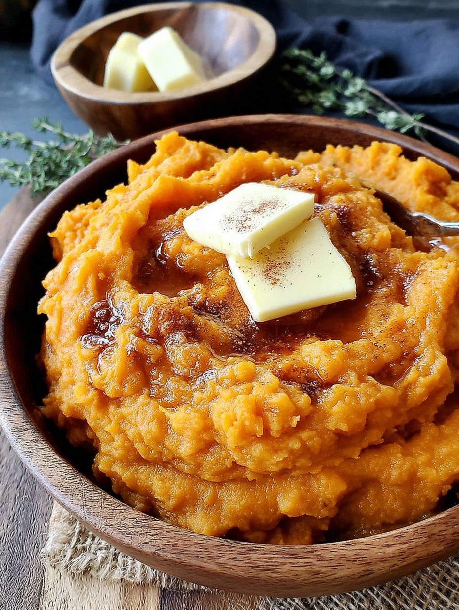 A bowl of mashed sweet potatoes with butter on top.