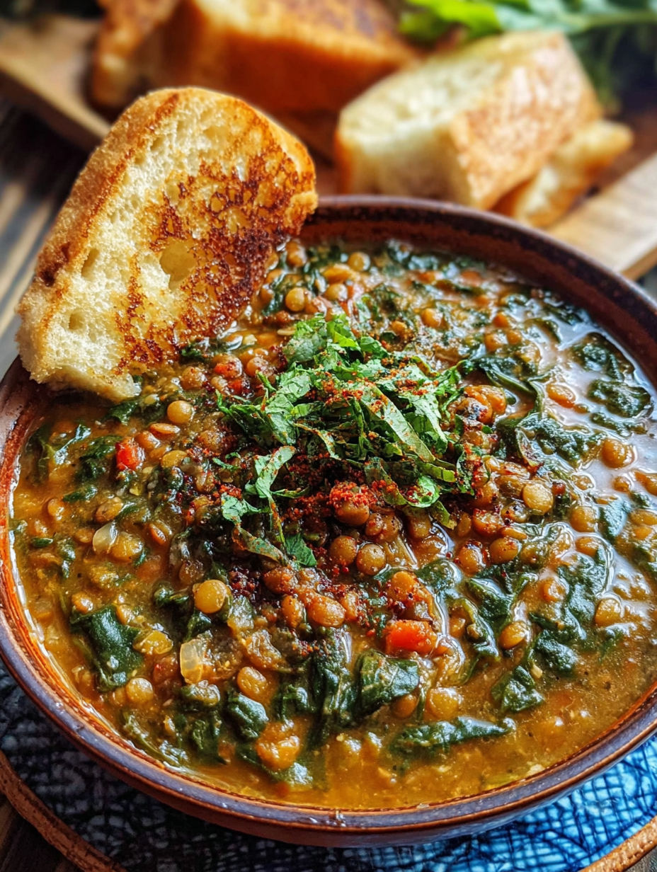 A bowl of soup with a piece of bread on top.