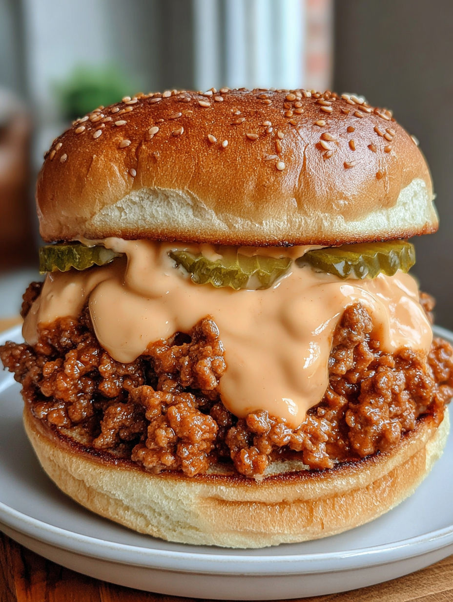 A close up of a burger with sauce and pickles.