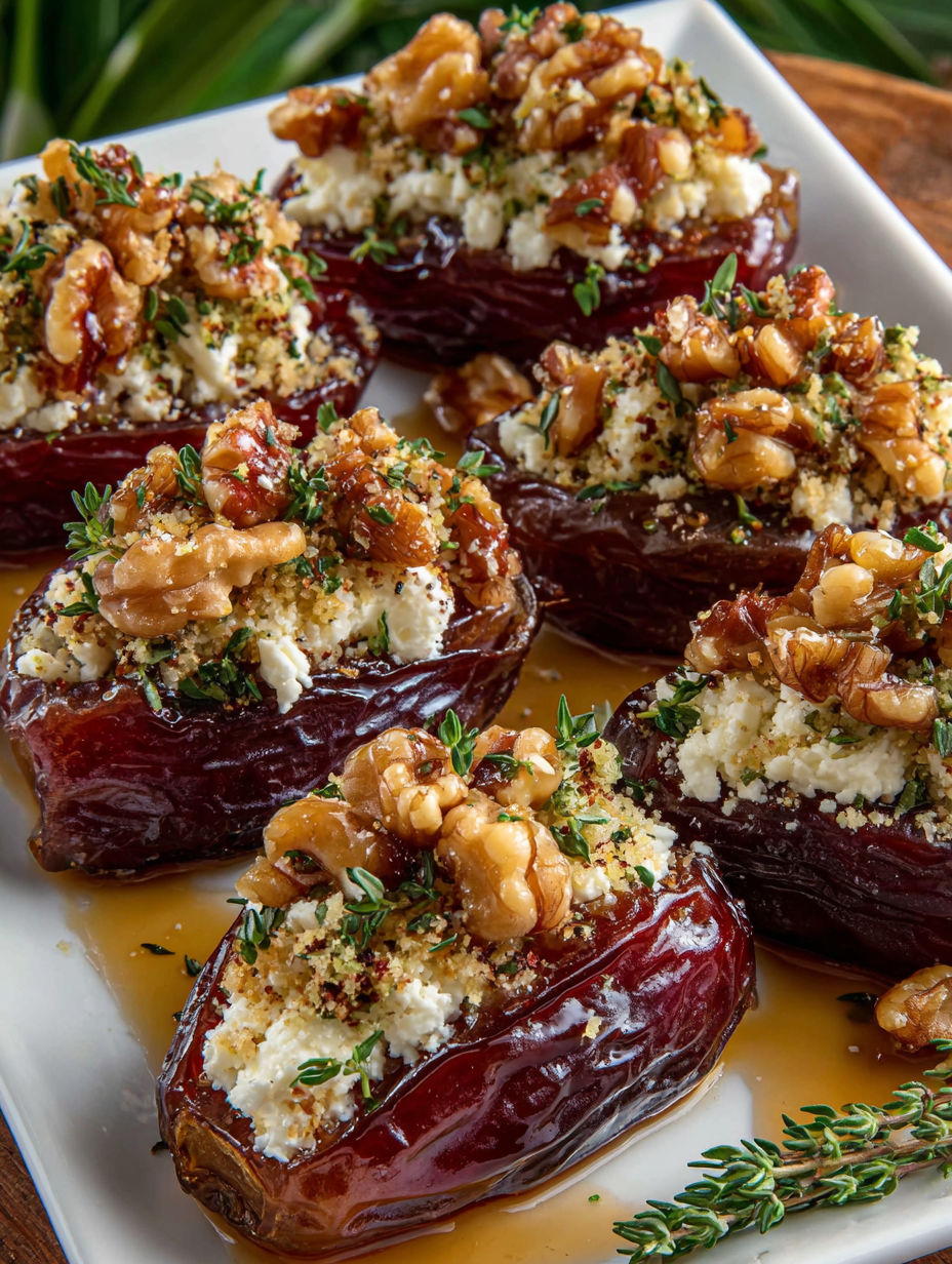 A plate of feta-parmesan stuffed dates with honey-walnut crunch.
