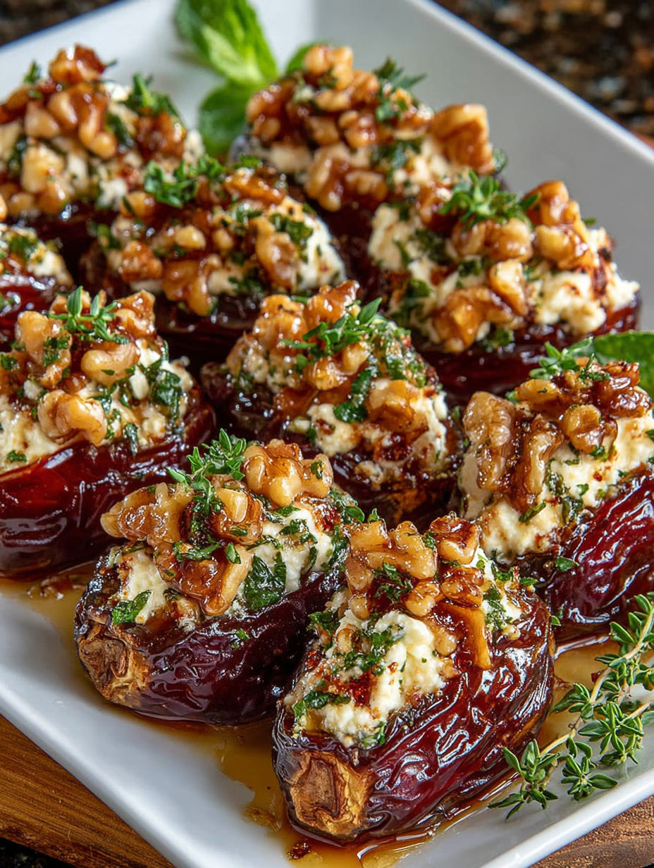 A plate of stuffed dates with feta and parmesan cheese.