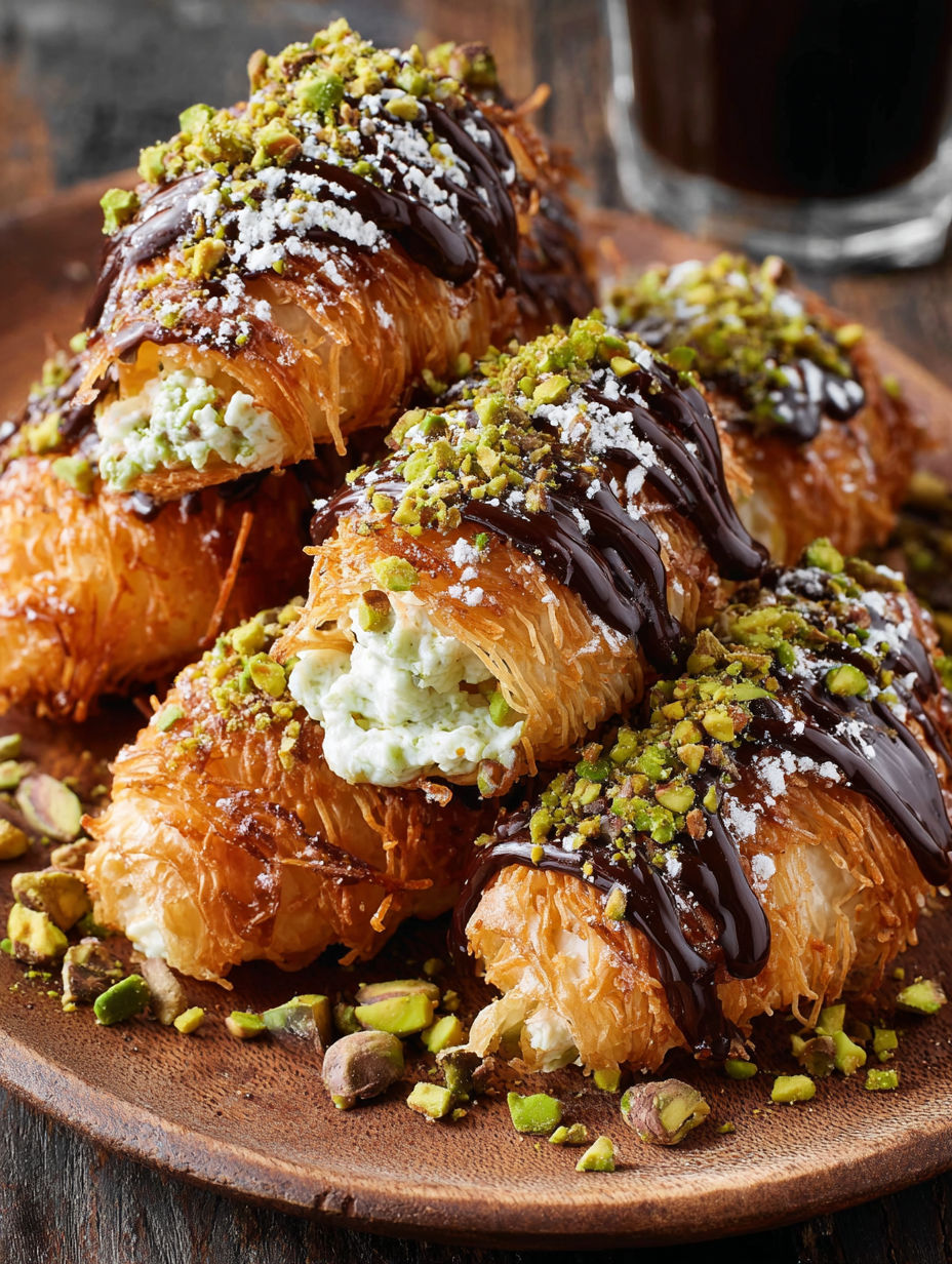 A plate of food with chocolate drizzled on top.