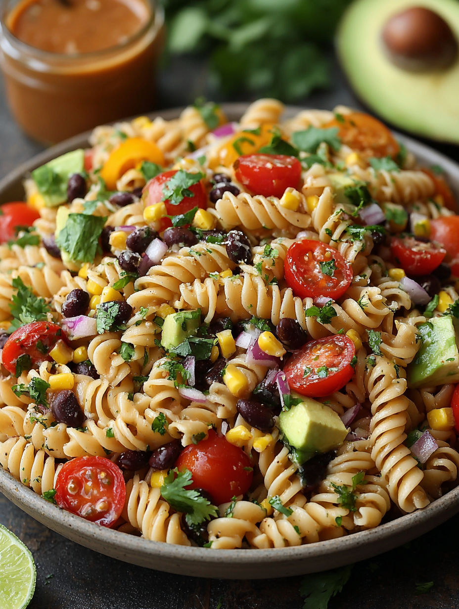 A bowl of pasta salad with tomatoes, corn, and beans.