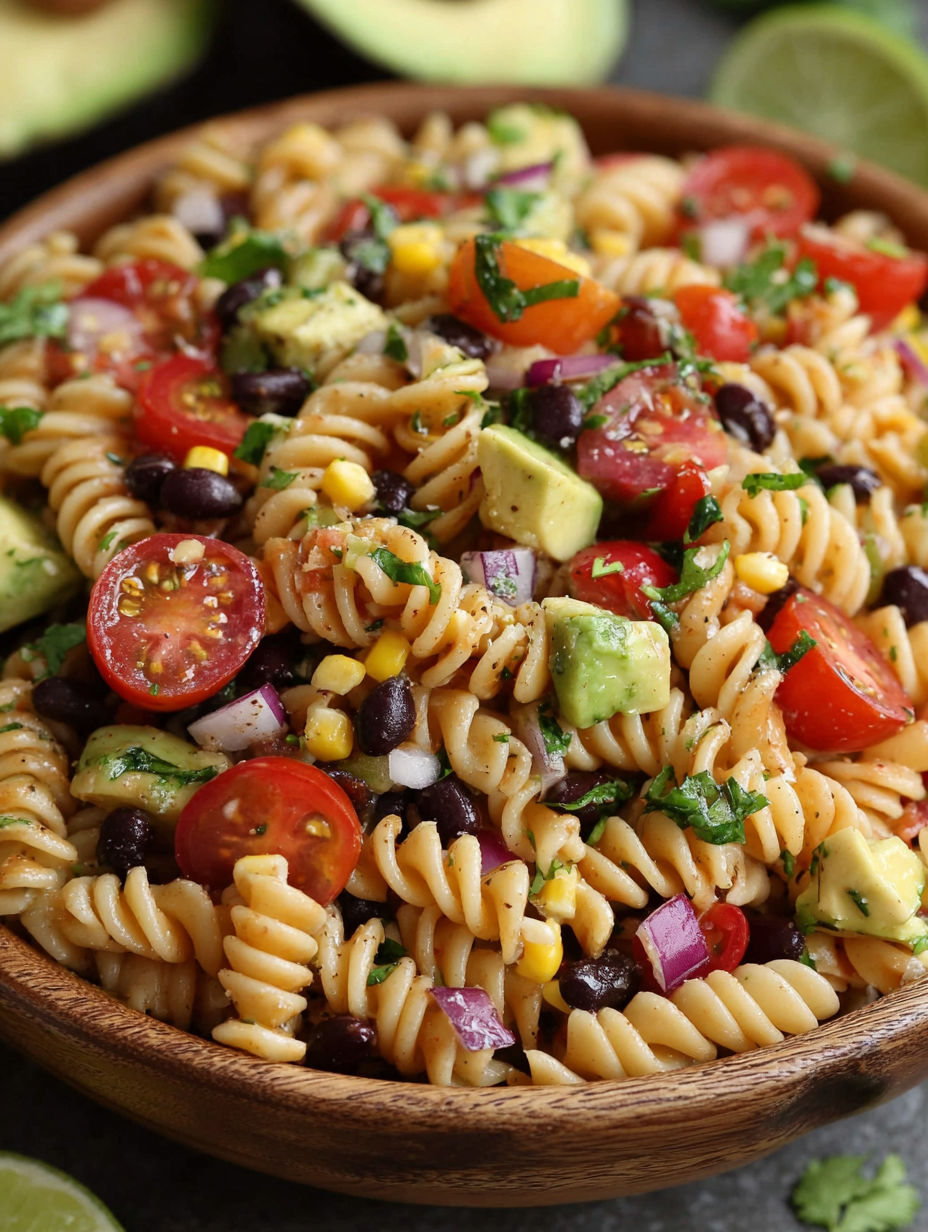A bowl of pasta salad with tomatoes, corn, beans, and avocado.