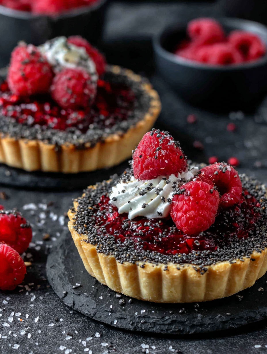A close up of a raspberry tart with whipped cream.