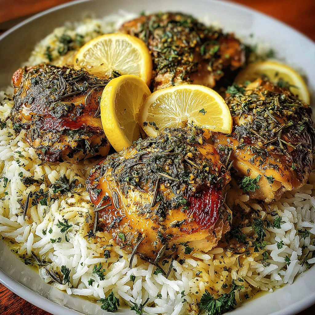A plate of chicken and rice with lemon and herbs.