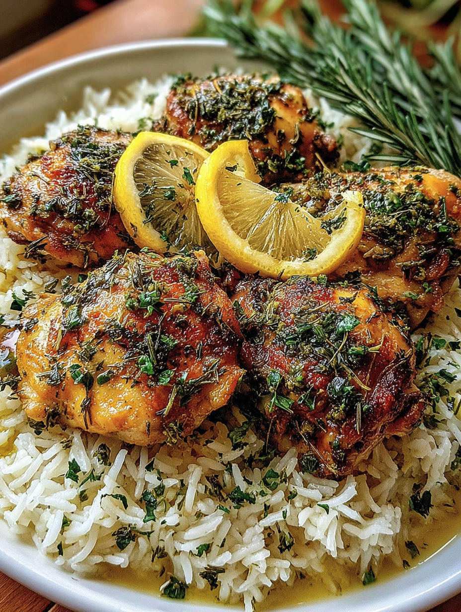 A plate of chicken and rice with lemon wedges on top.