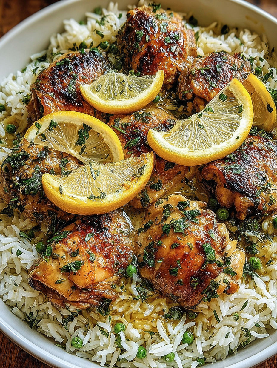A bowl of slow cooker lemon herb chicken and rice.