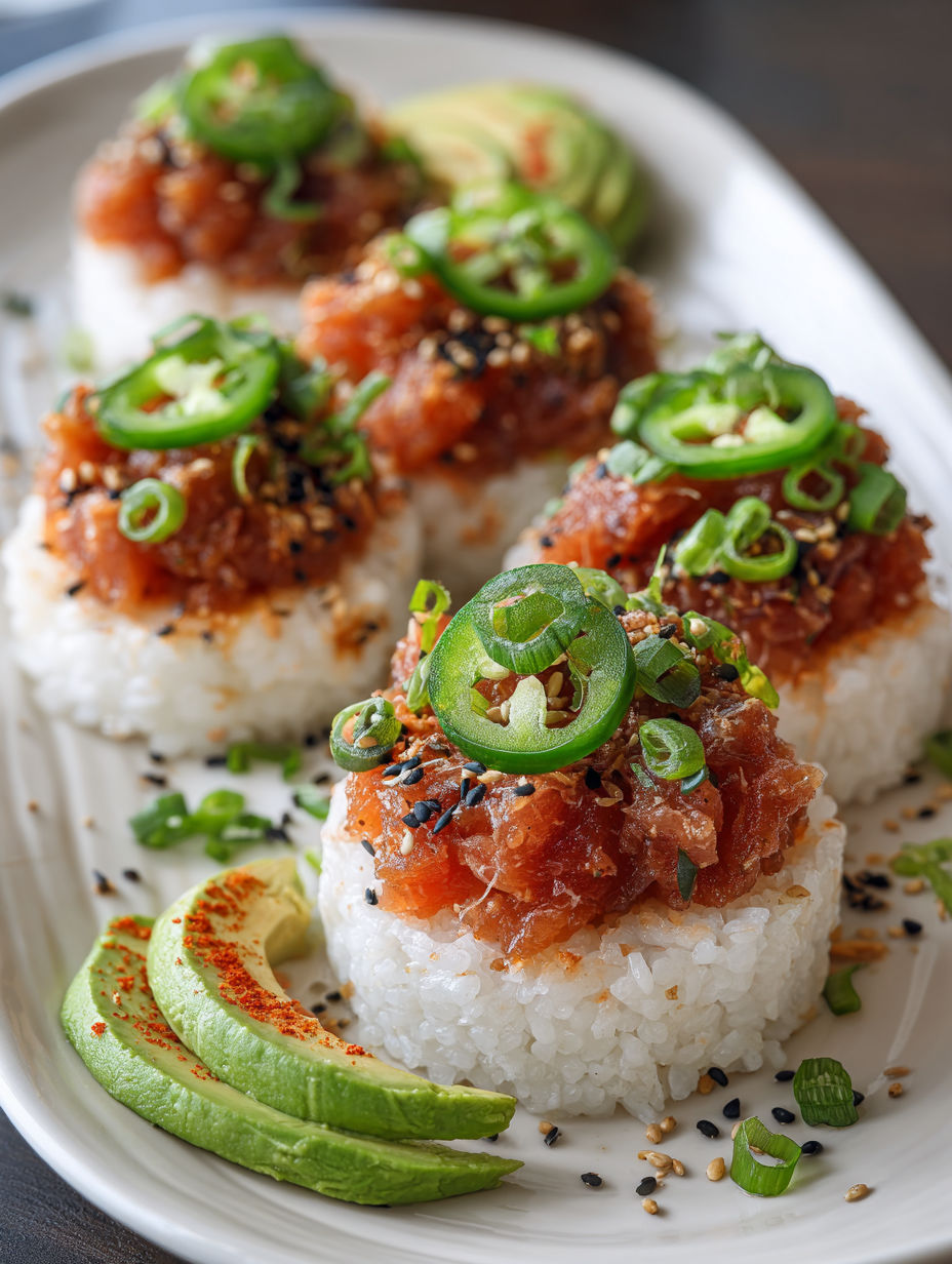 Spicy tuna crispy rice with green onions.