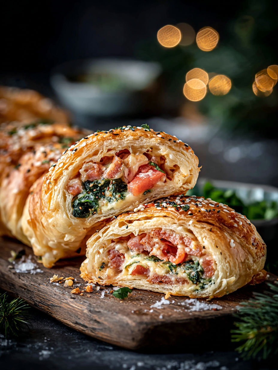 A pastry with tomatoes and spinach on top.