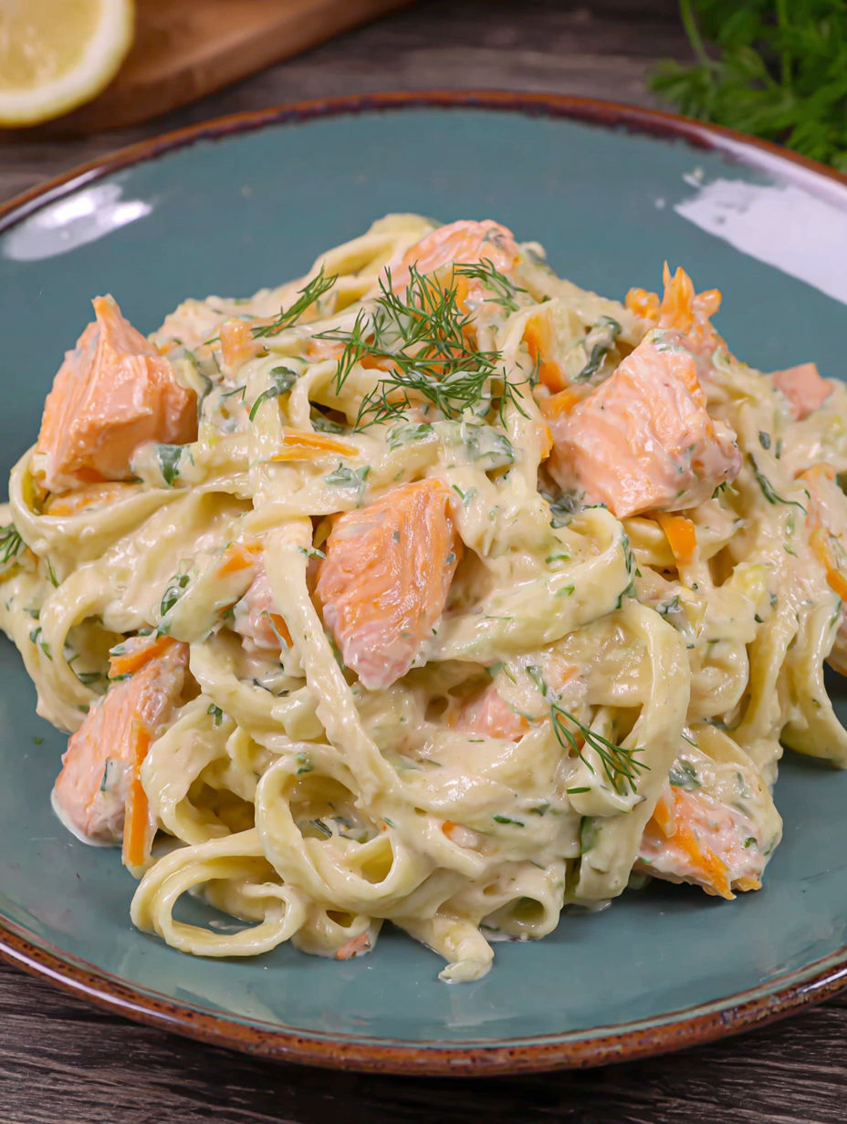 A plate of pasta with fish and cream sauce.