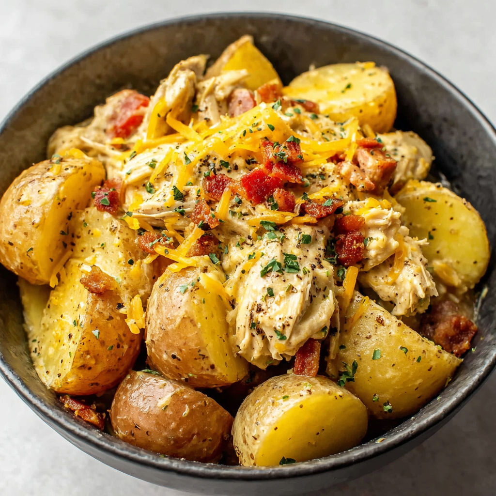 A bowl of chicken and potatoes.