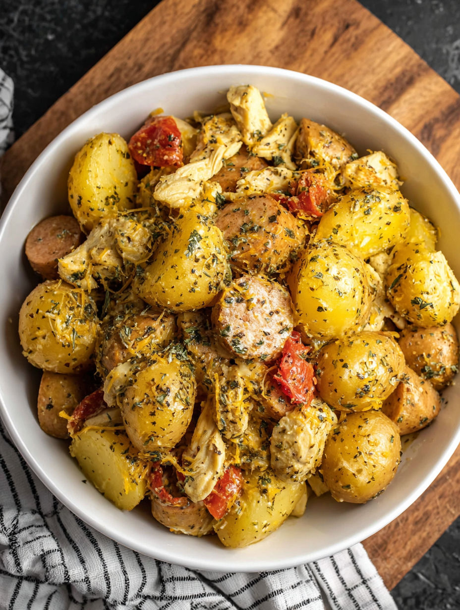A bowl of food with potatoes, chicken, and herbs.