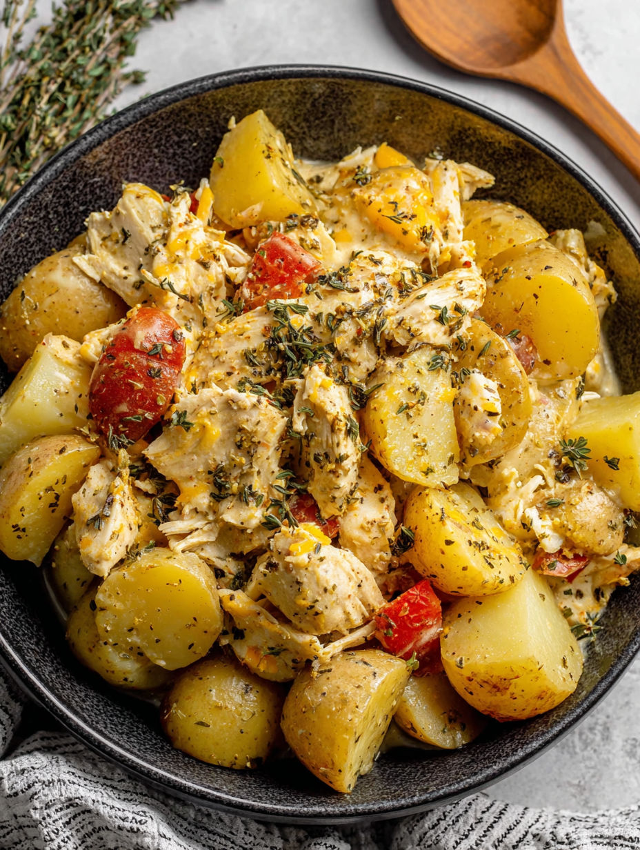 A bowl of chicken and potatoes.