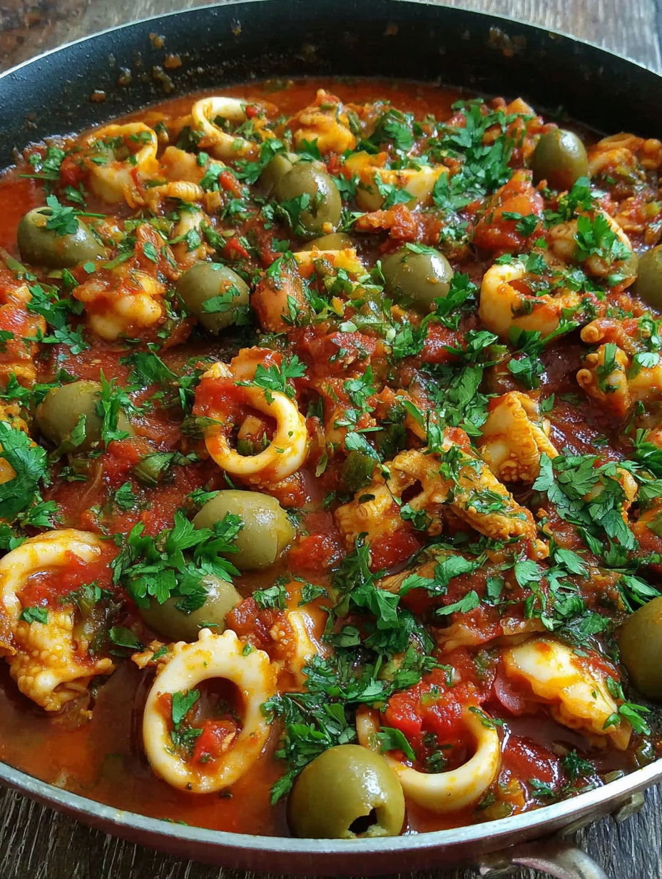 A dish of food with olives and tomatoes.