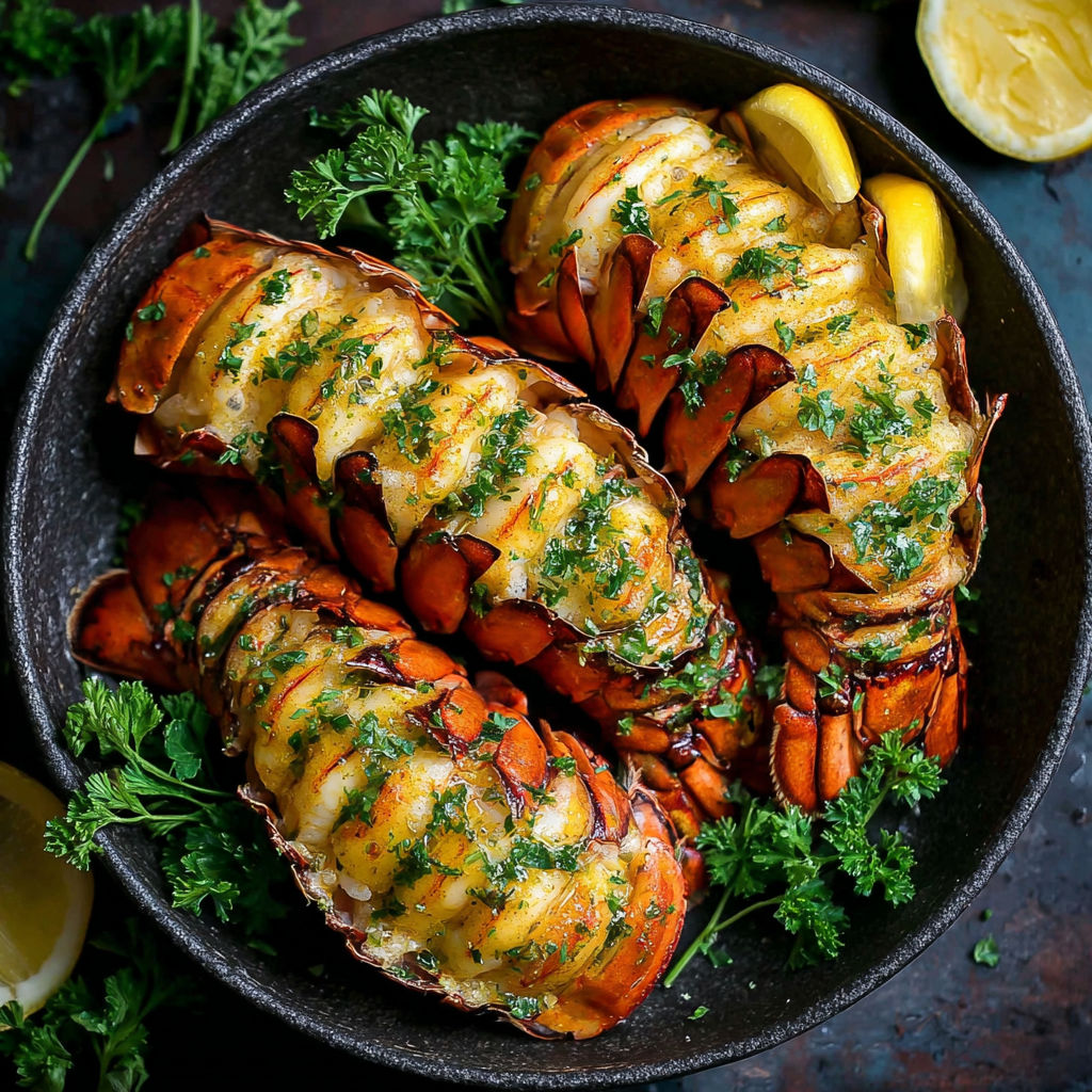 A bowl of lobster tails with herbs and lemon.