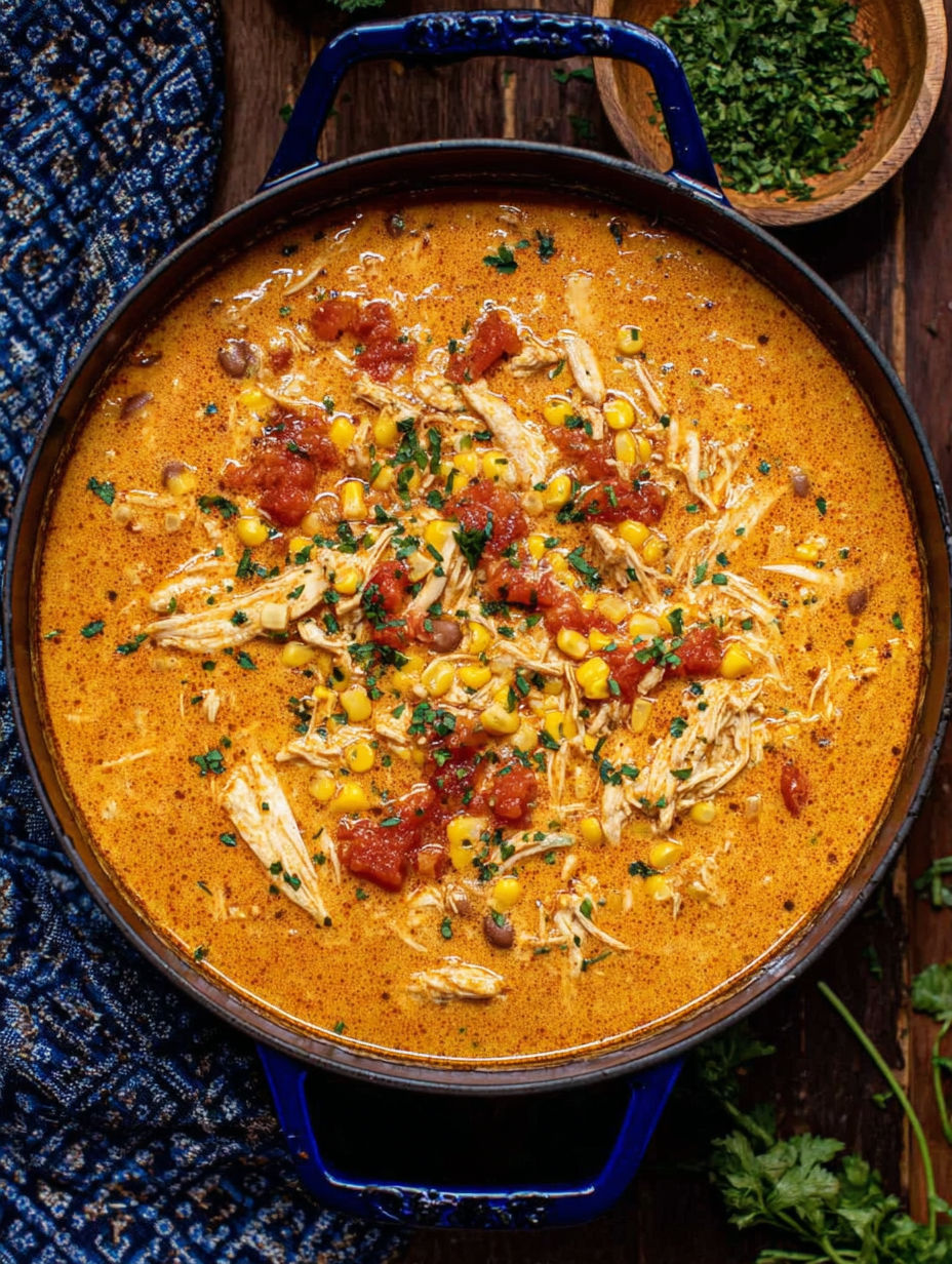 A bowl of soup with chicken, corn, and tomatoes.