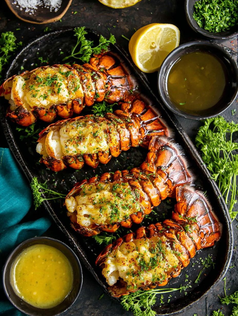 A plate of lobster tails with butter and lemon.