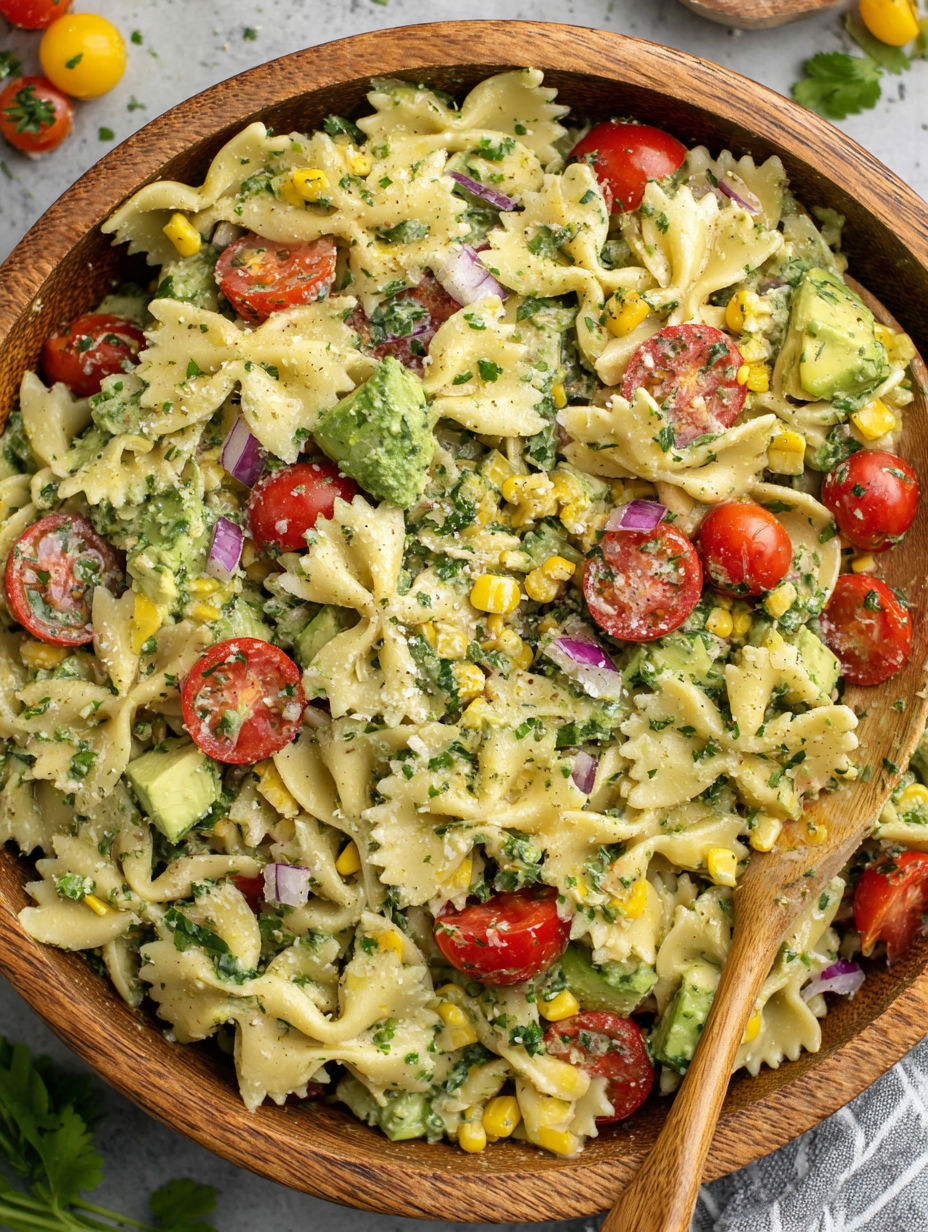 A bowl of pasta with tomatoes, onions, and avocado.