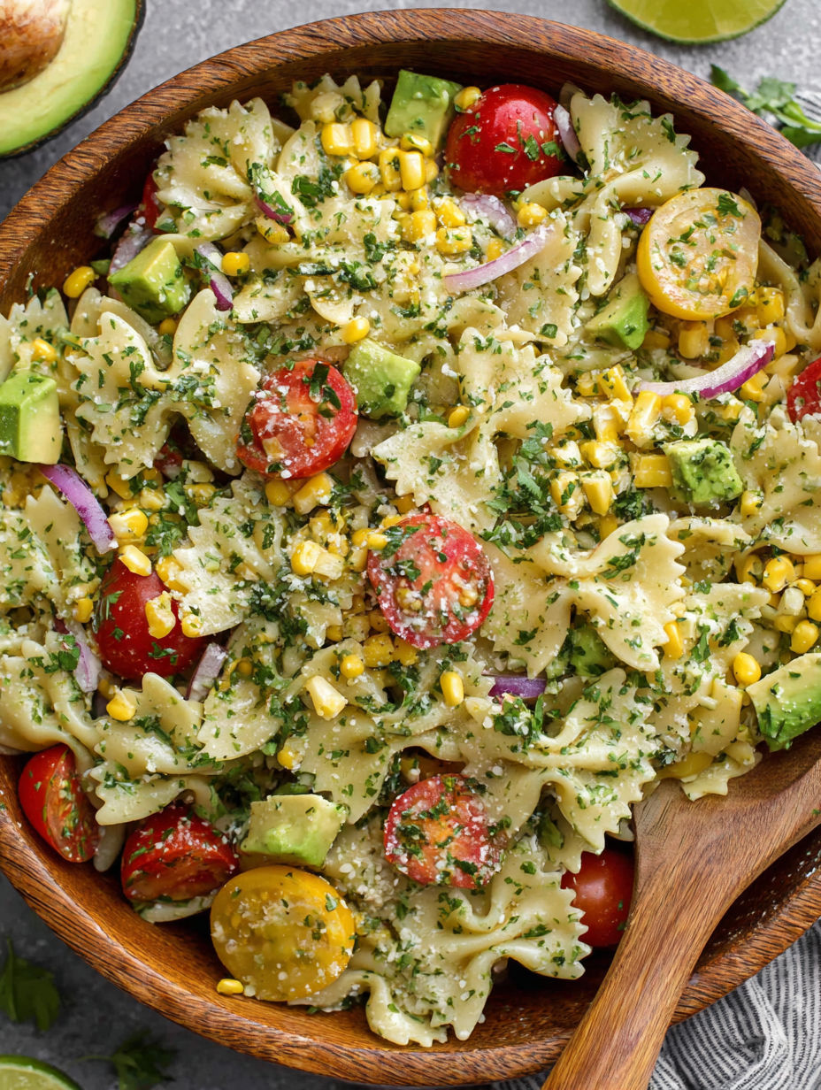 A bowl of pasta with tomatoes, corn, and avocado.