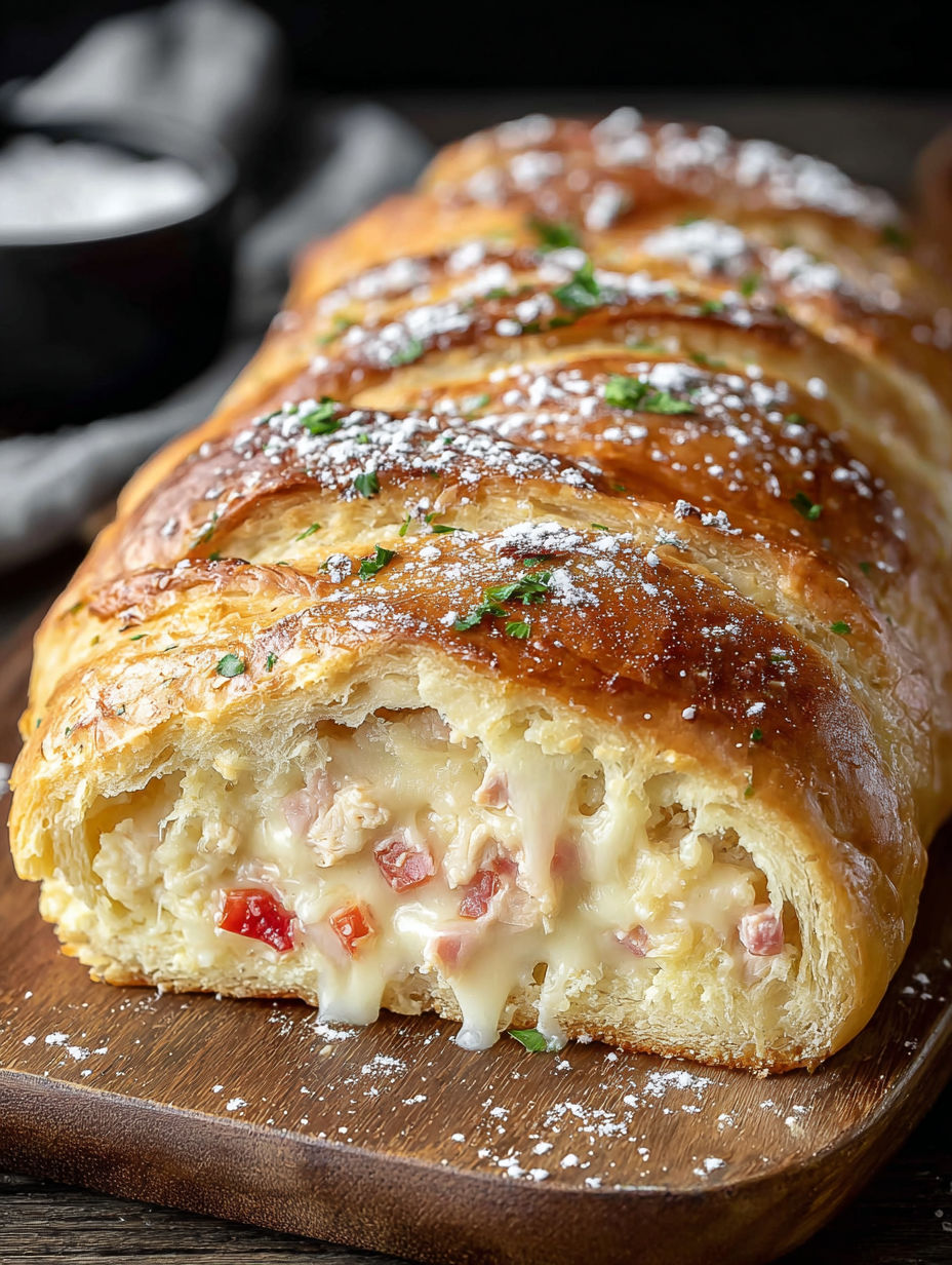 A pastry with cheese and ham on it.