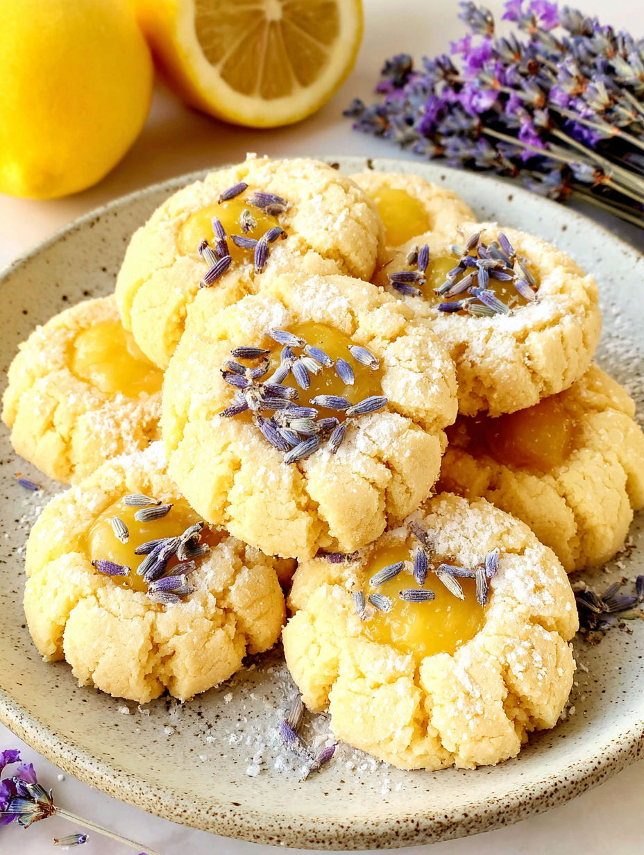 A plate of cookies with purple flowers on top.