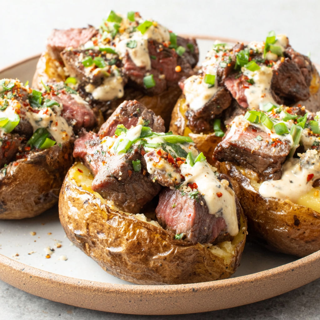 A plate of loaded baked potatoes with steak bites.