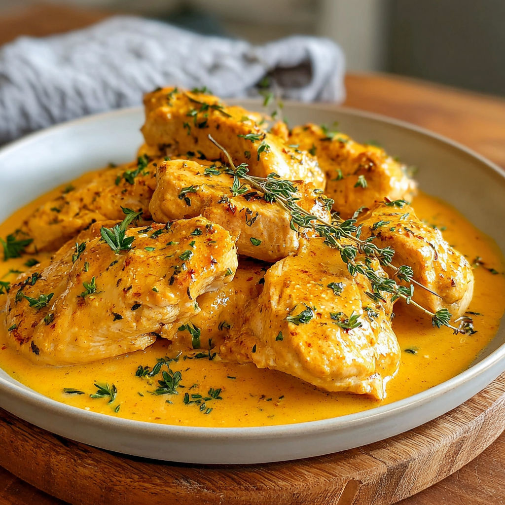 A plate of chicken with a creamy sauce.