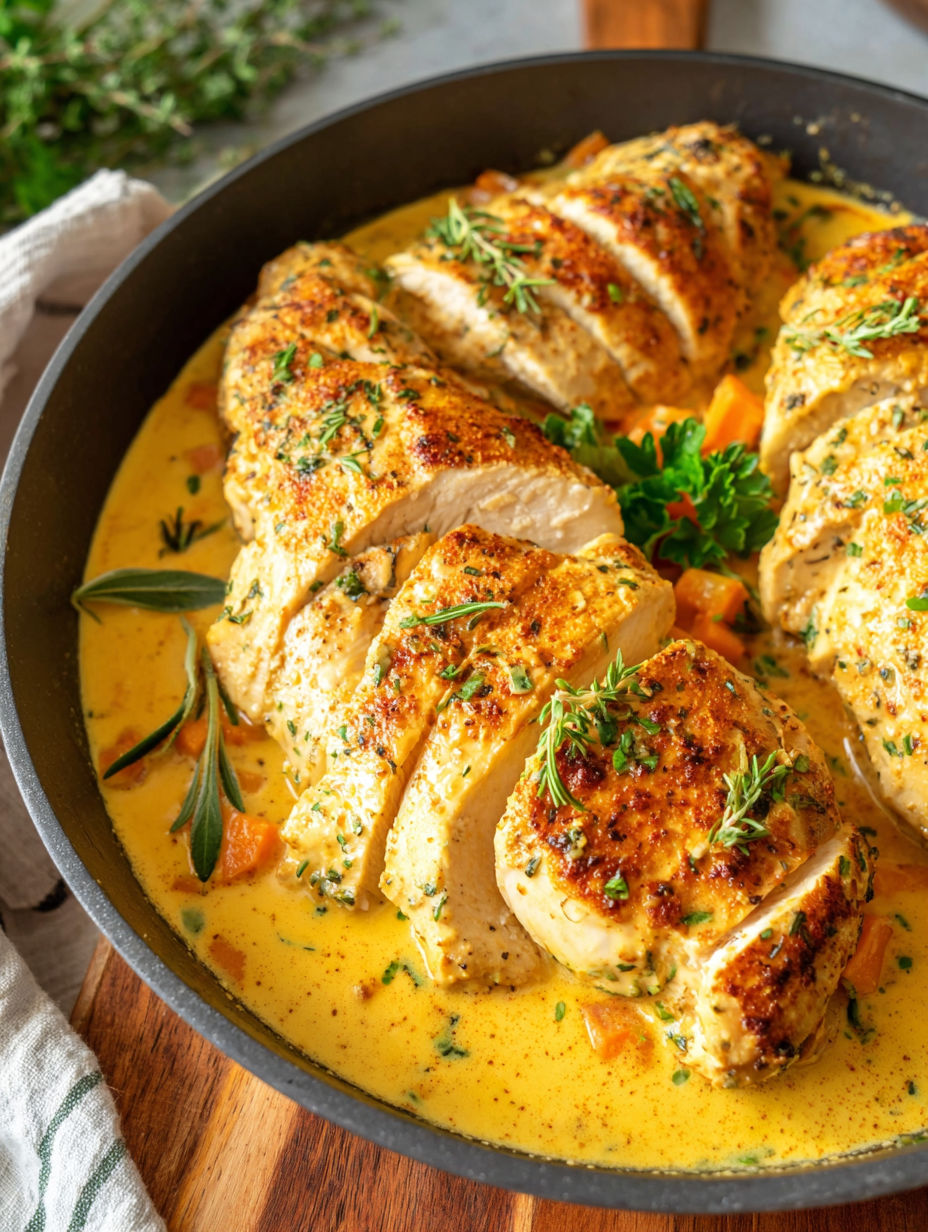 A pan of chicken with a sauce on top.