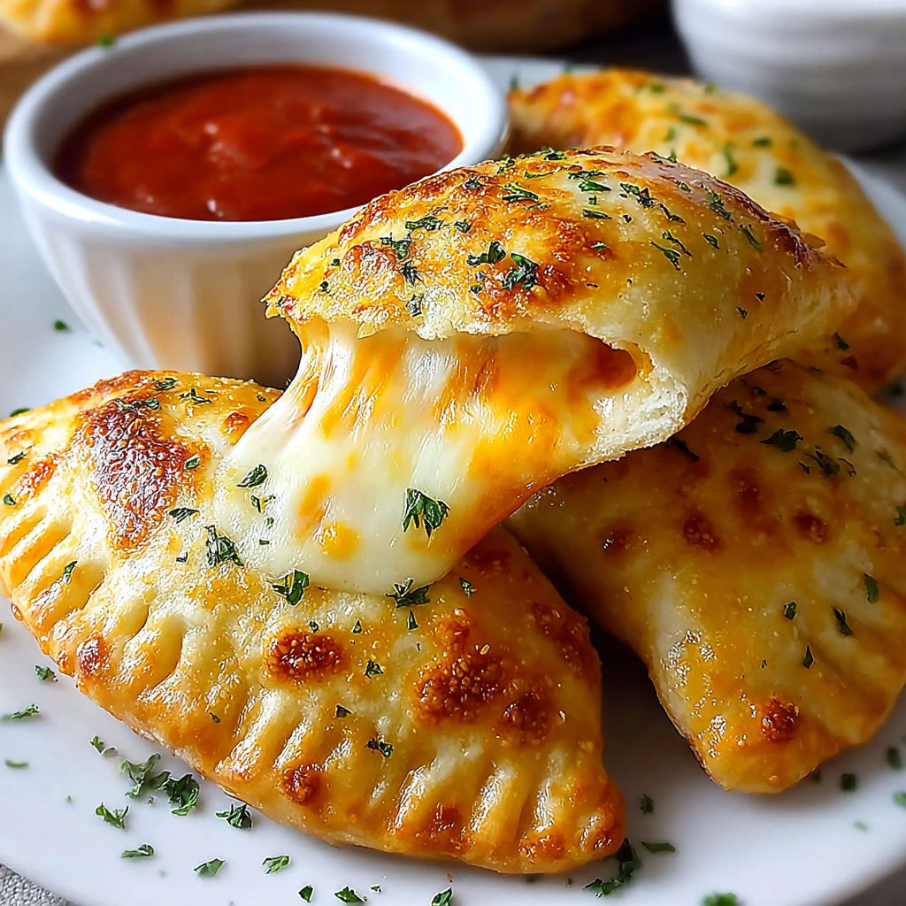 A plate of cheesy pizza pockets.