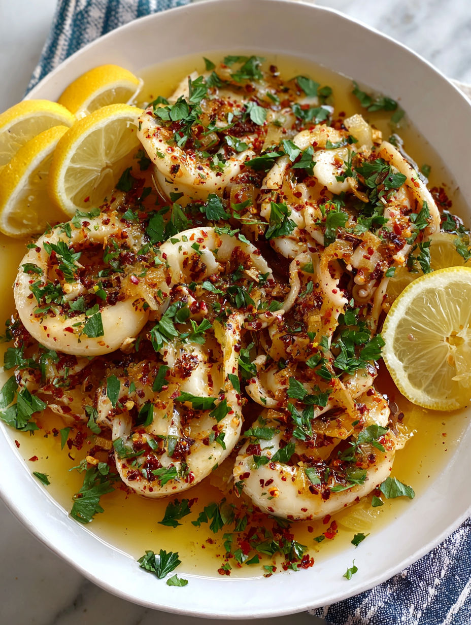 A bowl of food with lemon slices and spices.