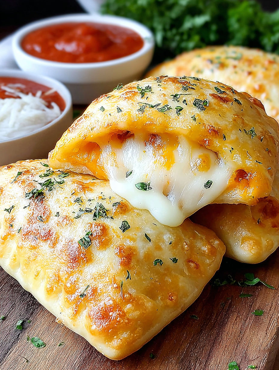Two cheesy pizza pockets on a wooden table.