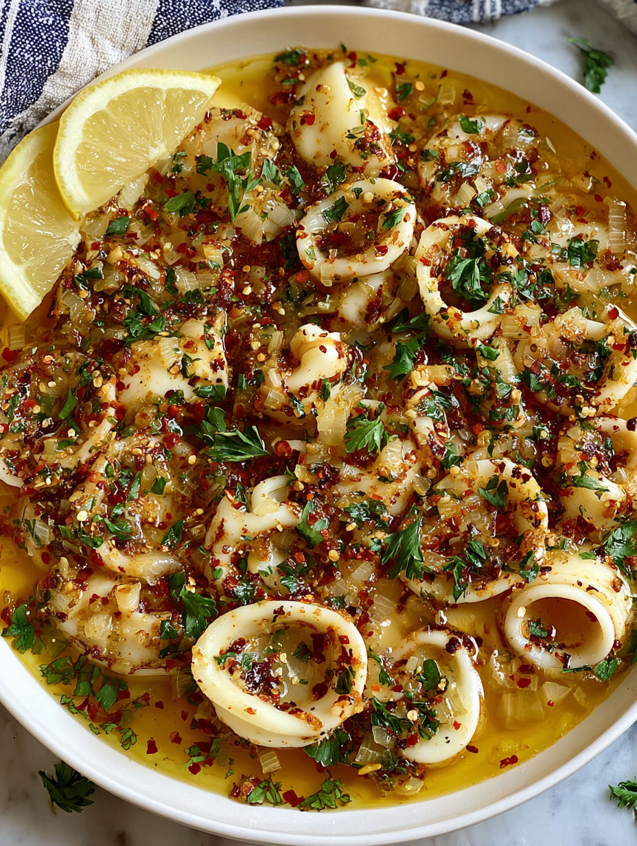 A bowl of food with a lemon wedge on top.