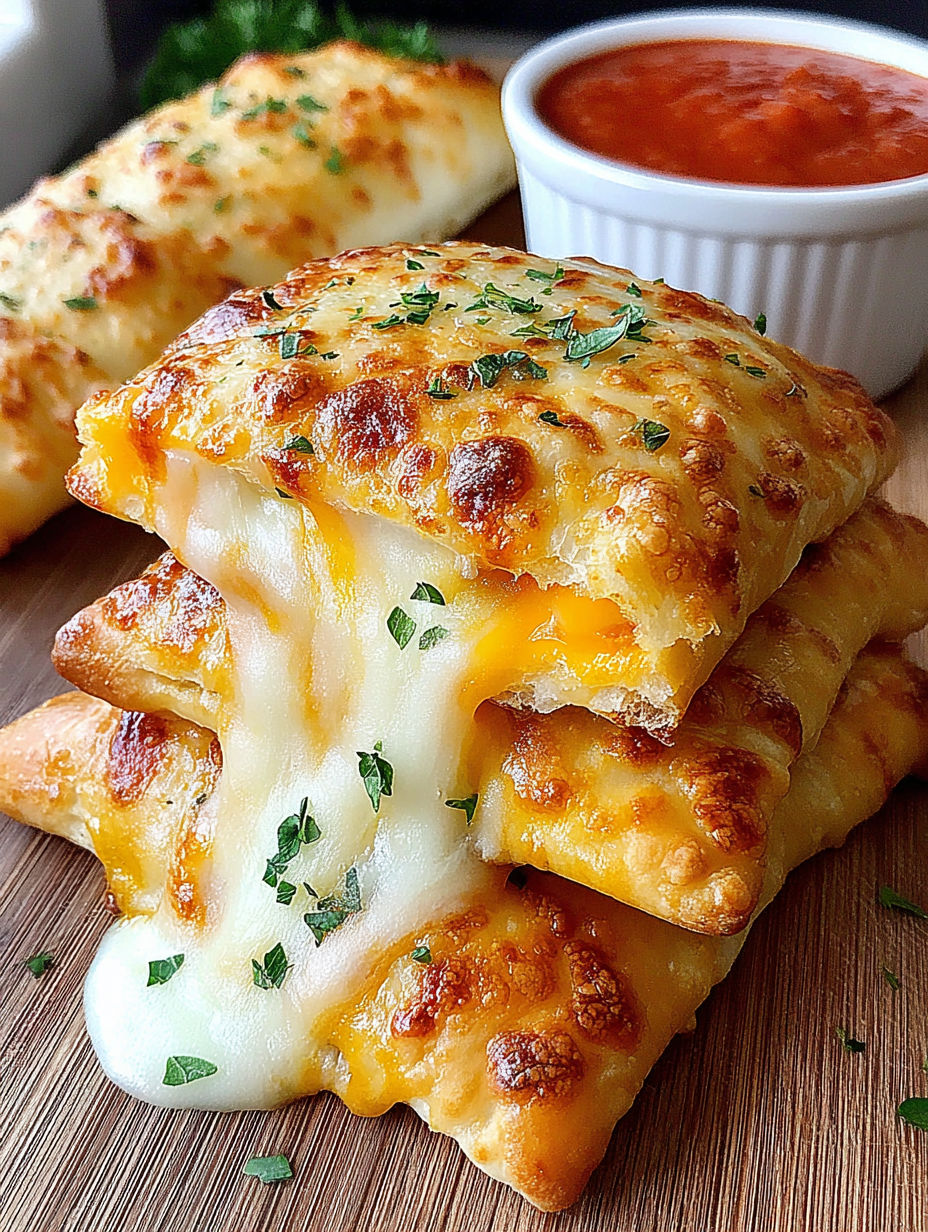 A stack of cheesy pizza pockets on a wooden table.