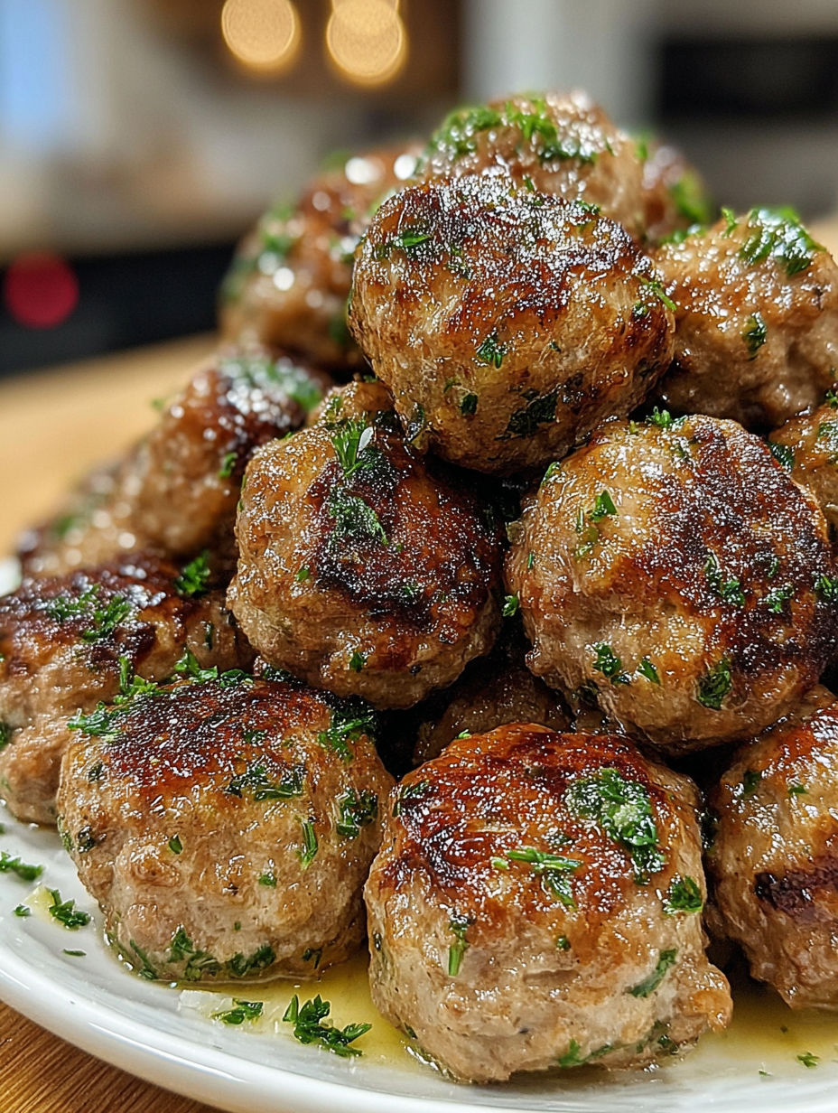 A plate of meatballs with herbs on top.