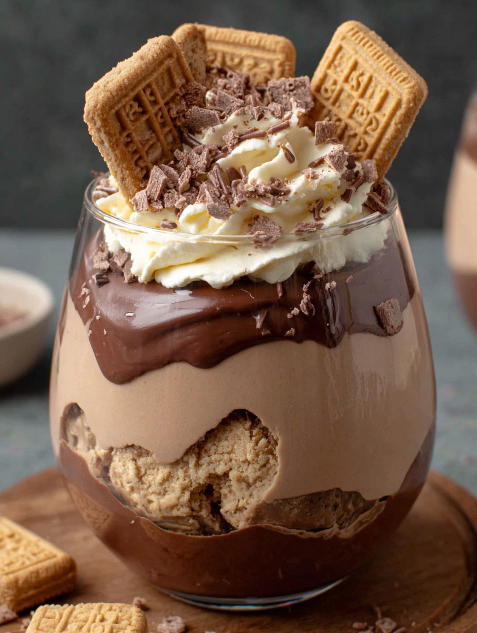 A glass of chocolate mousse with white whipped cream on top.