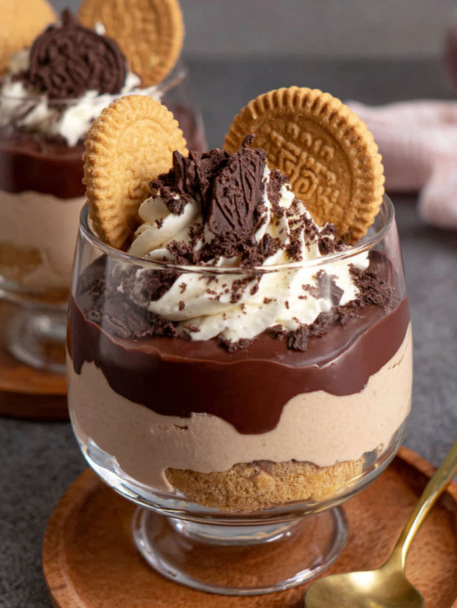 A glass of chocolate mousse with cookies on top.