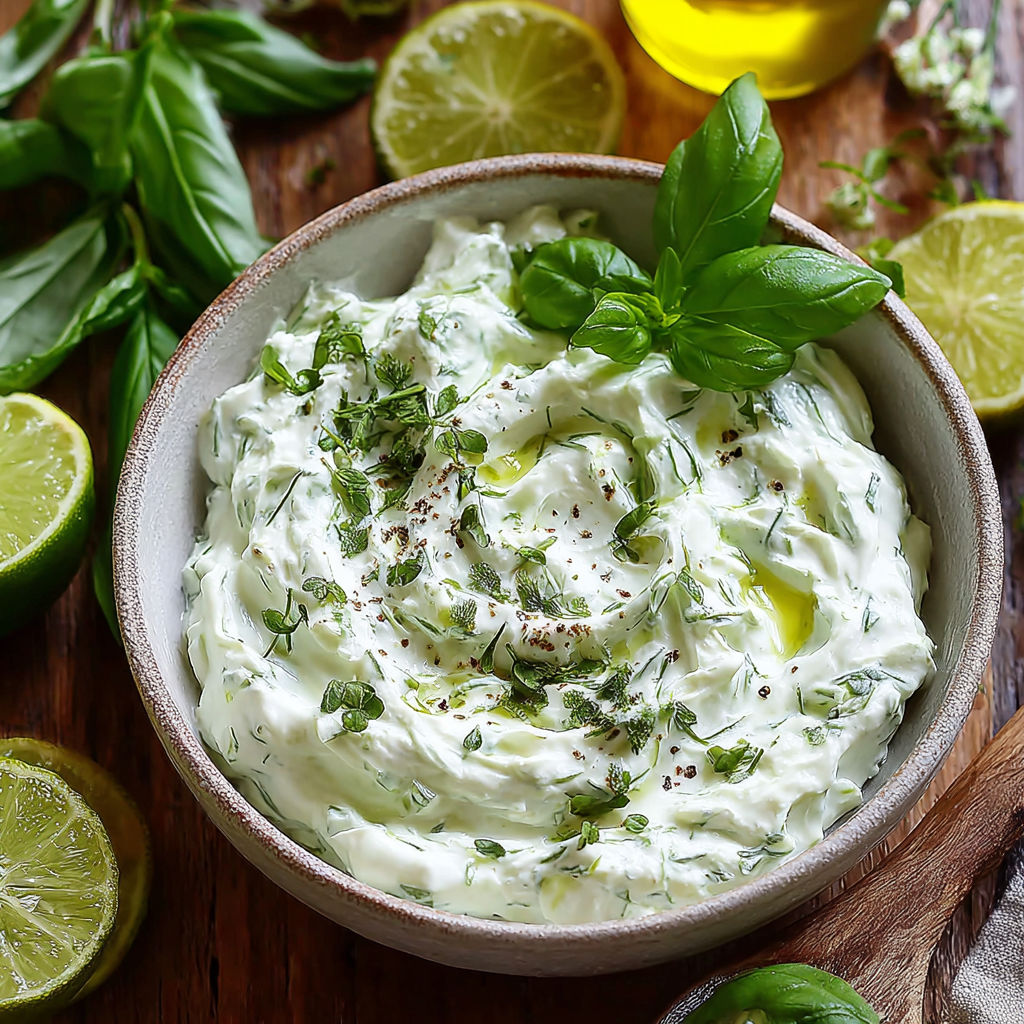 A bowl of dip with basil and lime.
