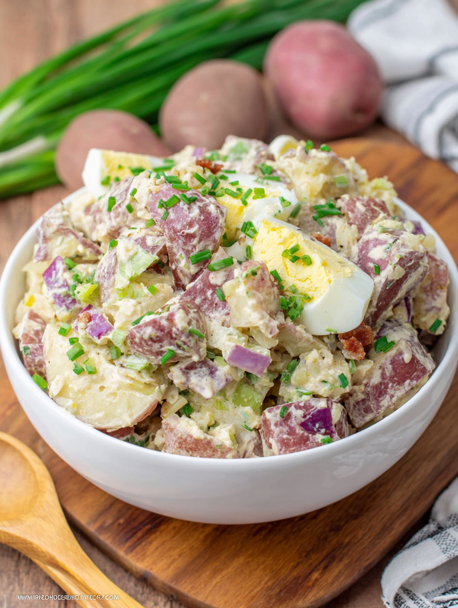 A bowl of potatoes with eggs and herbs.