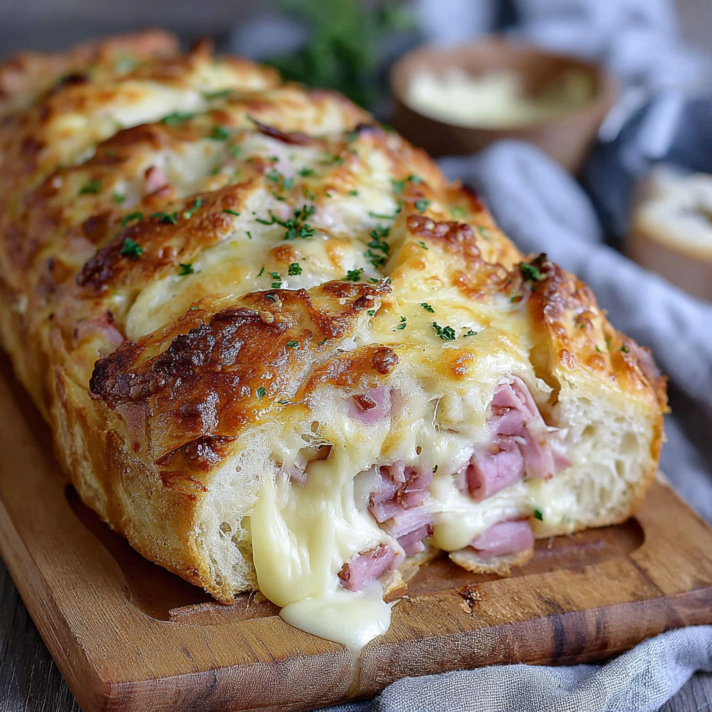A slice of bread with cheese and ham on it.