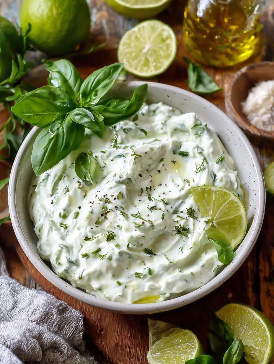 A bowl of basil and lime dip.