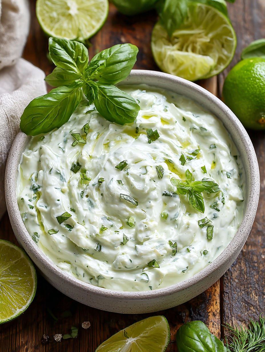 A bowl of basilikum dip with a lime wedge on the side.