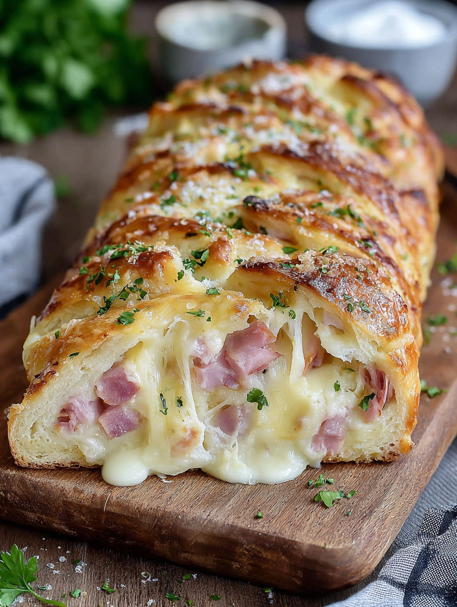 A close up of a ham and cheese sandwich.