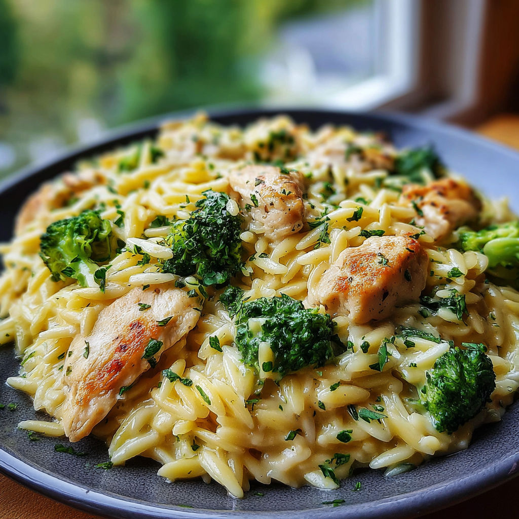 A plate of creamy chicken, broccoli and orzo.