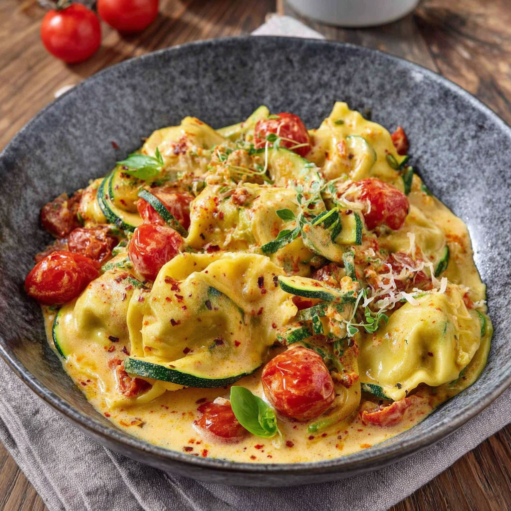 A bowl of pasta with tomatoes and zucchini.