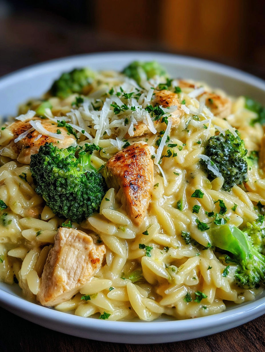 A bowl of pasta with chicken and broccoli.