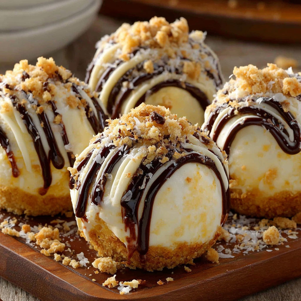 Three balls of creamy dessert with chocolate drizzle.