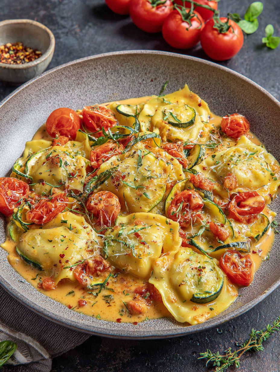 A plate of pasta with tomatoes and zucchini.